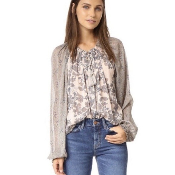 Free People Women Size S Hendrix Semi Sheer Floral Blouse Boho Festival Peasant - Picture 1 of 15